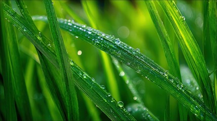 Fototapeta premium Fresh Green Grass Blades with Sparkling Dew Drops in Morning Sunlight - Close-up Nature Scene