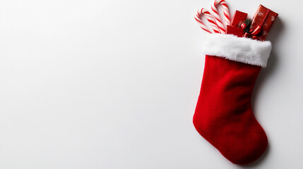 A christmas stocking filled with candy canes and presents against a white background studio shot