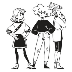 fashionable women in a 1950s-inspired black-and-white cartoon style, bold lines, confident poses, one in a skirt suit, the other in a short skirt and sweater, mid-century modern illustration style
