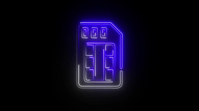 Neon SIM Card Icon  Futuristic Digital Communication Chip Design on Dark Background with Glowing Tech Style 4k video.