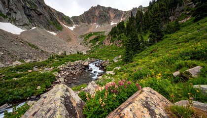 A stream flows through a rocky, green valley surrounded by steep mountains with patches of snow.
