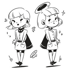 fashionable women in a 1950s-inspired black-and-white cartoon style, bold lines, confident poses, one in a skirt suit, the other in a short skirt and sweater, mid-century modern illustration style