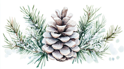 Fototapeta premium Watercolor painting of a pinecone with snowy branches on a white background in a festive arrangement