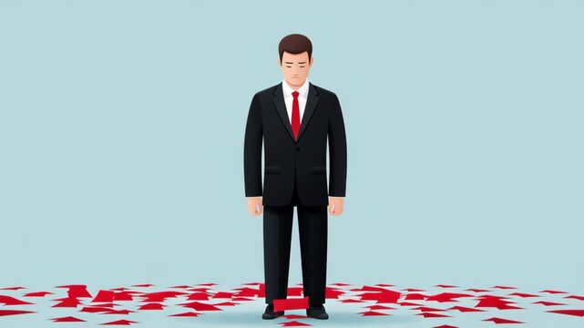 Declining employment rates and rising cost of living. A businessman in a black suit with head bowed, multiple red arrows falling from above, symbolizing unemployment.