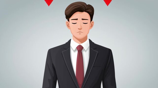 Declining employment rates and rising cost of living. A businessman in a black suit with head bowed, multiple red arrows falling from above, symbolizing unemployment.
