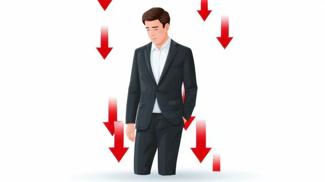 Declining employment rates and rising cost of living. A businessman in a black suit with head bowed, multiple red arrows falling from above, symbolizing unemployment.