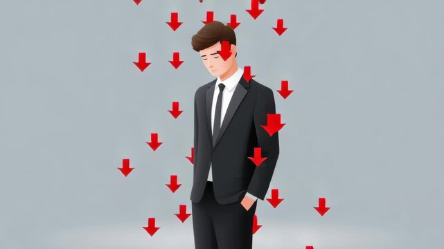 Declining employment rates and rising cost of living. A businessman in a black suit with head bowed, multiple red arrows falling from above, symbolizing unemployment.