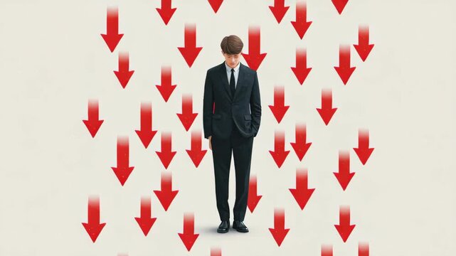 Declining employment rates and rising cost of living. A businessman in a black suit with head bowed, multiple red arrows falling from above, symbolizing unemployment.