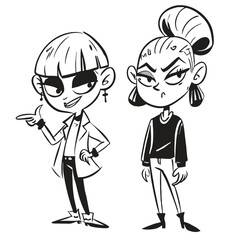 fashionable women in a 1950s-inspired black-and-white cartoon style, bold lines, confident poses, one in a skirt suit, the other in a short skirt and sweater, mid-century modern illustration style