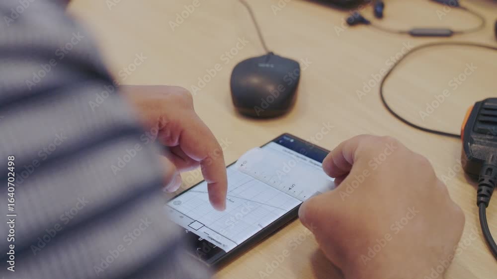 Poster over-the-shoulder close-up of a person analyzing a data graph on a smartphone. their finger scrolls 