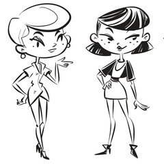 fashionable women in a 1950s-inspired black-and-white cartoon style, bold lines, confident poses, one in a skirt suit, the other in a short skirt and sweater, mid-century modern illustration style