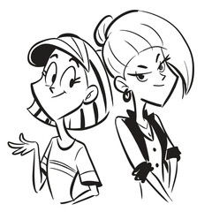 fashionable women in a 1950s-inspired black-and-white cartoon style, bold lines, confident poses, one in a skirt suit, the other in a short skirt and sweater, mid-century modern illustration style