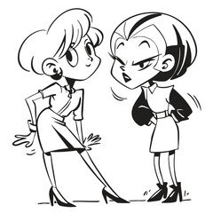 fashionable women in a 1950s-inspired black-and-white cartoon style, bold lines, confident poses, one in a skirt suit, the other in a short skirt and sweater, mid-century modern illustration style
