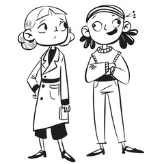 fashionable women in a 1950s-inspired black-and-white cartoon style, bold lines, confident poses, one in a skirt suit, the other in a short skirt and sweater, mid-century modern illustration style