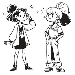 Obraz premium fashionable women in a 1950s-inspired black-and-white cartoon style, bold lines, confident poses, one in a skirt suit, the other in a short skirt and sweater, mid-century modern illustration style