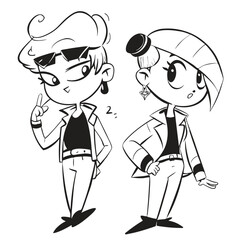fashionable women in a 1950s-inspired black-and-white cartoon style, bold lines, confident poses, one in a skirt suit, the other in a short skirt and sweater, mid-century modern illustration style