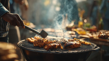 Fototapeta premium A person grilling meat on a barbecue grill with smoke rising and other food in the background