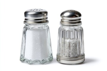 Two glass salt shakers, filled with white salt, on a white background.  Metal lids
