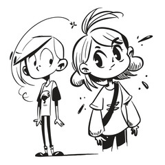 fashionable women in a 1950s-inspired black-and-white cartoon style, bold lines, confident poses, one in a skirt suit, the other in a short skirt and sweater, mid-century modern illustration style