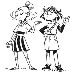 fashionable women in a 1950s-inspired black-and-white cartoon style, bold lines, confident poses, one in a skirt suit, the other in a short skirt and sweater, mid-century modern illustration style