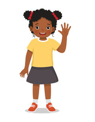 Little African girl waving hand greeting saying hi expression
