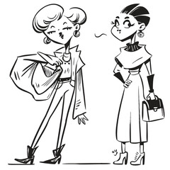 fashionable women in a 1950s-inspired black-and-white cartoon style, bold lines, confident poses, one in a skirt suit, the other in a short skirt and sweater, mid-century modern illustration style