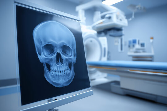 Radiology room with X-ray film of a human skull on display, hospital equipment in the background