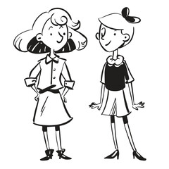 fashionable women in a 1950s-inspired black-and-white cartoon style, bold lines, confident poses, one in a skirt suit, the other in a short skirt and sweater, mid-century modern illustration style