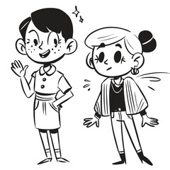 fashionable women in a 1950s-inspired black-and-white cartoon style, bold lines, confident poses, one in a skirt suit, the other in a short skirt and sweater, mid-century modern illustration style