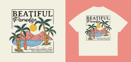 Tropical beach with palm trees, surfboard, ocean waves, and colorful sunset in a vintage  with grunge style . Perfect for summer t-shirts and beach-themed designs
