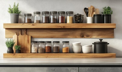 Countertop spice rack with kitchenware and utensils arranged on a wooden strip, featuring a contemporary stove surface, capturing the essence of modern home design, Generative AI