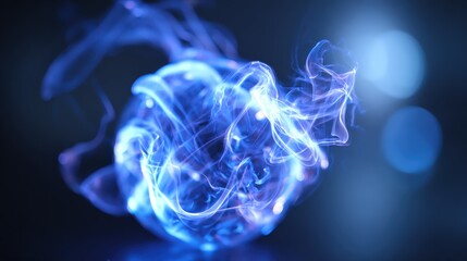 Abstract Glowing Sphere of Energy with Flowing Plasma, Particle Trails, and Bokeh Effects on Dark Background