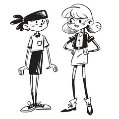 fashionable women in a 1950s-inspired black-and-white cartoon style, bold lines, confident poses, one in a skirt suit, the other in a short skirt and sweater, mid-century modern illustration style