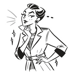 fashionable women in a 1950s-inspired black-and-white cartoon style, bold lines, confident poses, one in a skirt suit, the other in a short skirt and sweater, mid-century modern illustration style