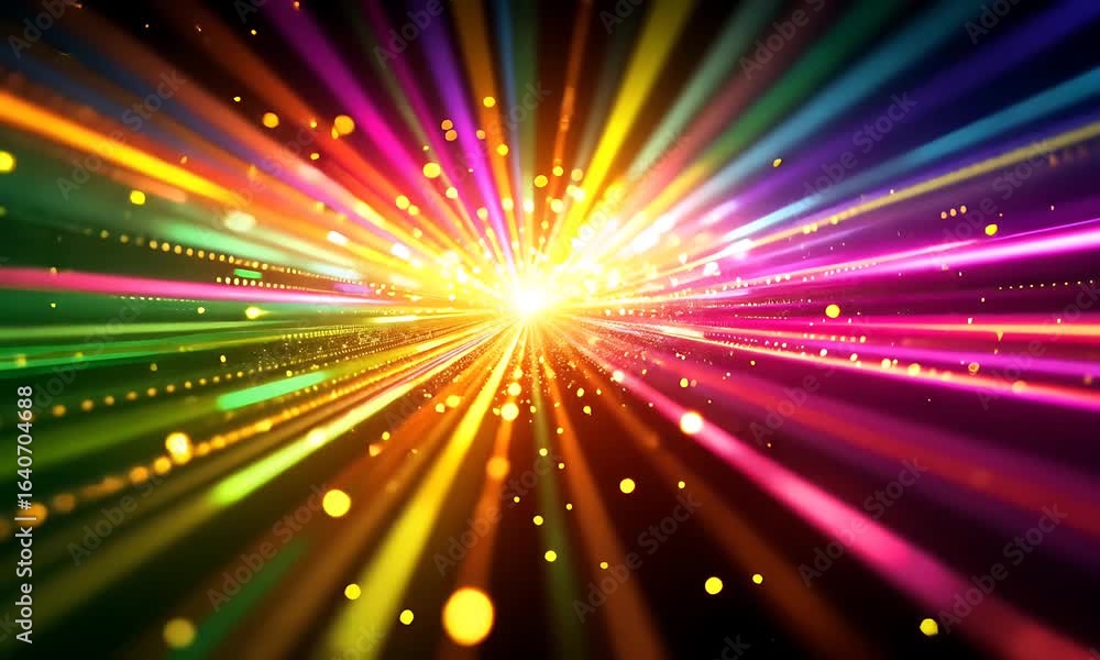 Poster abstract burst of colorful light beams against black background with dynamic motion graphics