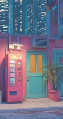 Pink and teal city alley at night.  Vivid, pastel-toned urban scene with a vending machine and teal door.  Blurred city skyscrapers in the background