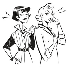 fashionable women in a 1950s-inspired black-and-white cartoon style, bold lines, confident poses, one in a skirt suit, the other in a short skirt and sweater, mid-century modern illustration style