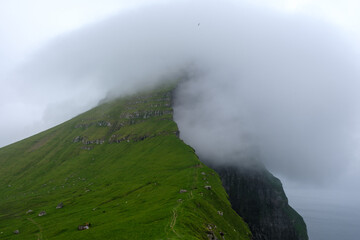 Explore the majestic cliffs of the Faroe Islands shrouded in mysterious fog during a serene day