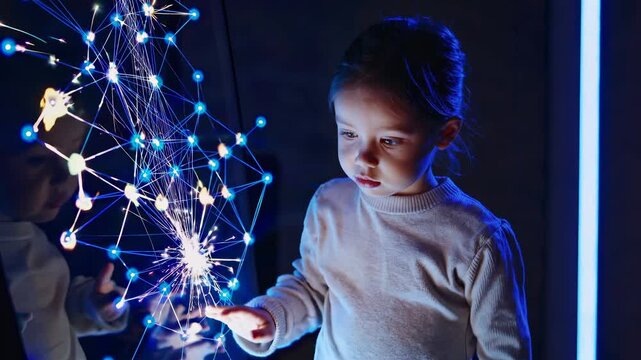 child reaches toward digital hologram. girl examines futuristic network interface filled with bright lines. curiosity grows with wonder as display reacts. interaction surrounds girl in immersive space