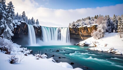 積雪の中の真冬の滝の風景