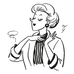 fashionable women in a 1950s-inspired black-and-white cartoon style, bold lines, confident poses, one in a skirt suit, the other in a short skirt and sweater, mid-century modern illustration style