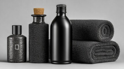 Black spa bottles and towels on a gray background