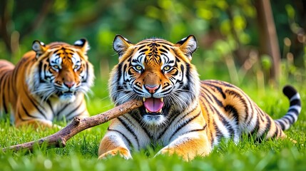 Two Tigers Lying in Grass Playing with Stick and Mouths Open