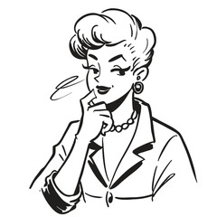 fashionable women in a 1950s-inspired black-and-white cartoon style, bold lines, confident poses, one in a skirt suit, the other in a short skirt and sweater, mid-century modern illustration style