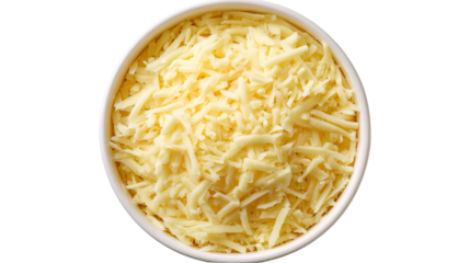 A top down view of a pile of Mexican blend shredded cheese, against a white background.