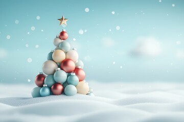 A festive Christmas tree made of colorful ornaments stands on a snowy surface, with a light blue background and falling snowflakes.