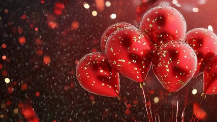 Red balloons with golden confetti floating on a festive background