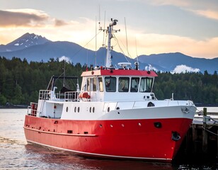 Red and white vessel docked at sunset