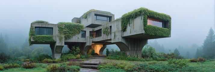 Misty, concrete house with lush greenery