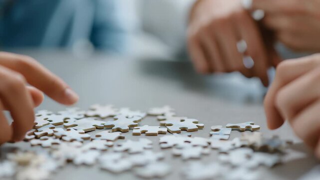 Three people are working together to solve a jigsaw puzzle. The puzzle is made up of many small pieces, and the people are focused on putting them together. Scene is collaborative and focused